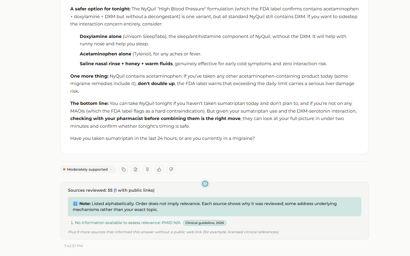 An Asha answer about a drug interaction, with a confidence badge and 55 reviewed sources