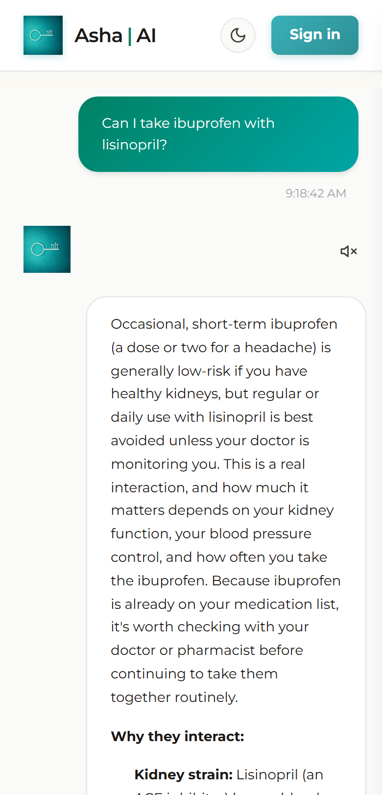 Asha on a phone answering whether ibuprofen is safe to take with lisinopril